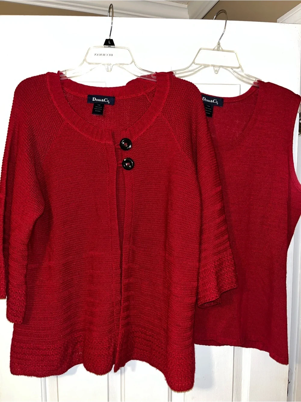 Denim&Co Red Knit Button-Front Cardigan with Matching Shell - 2 piece set